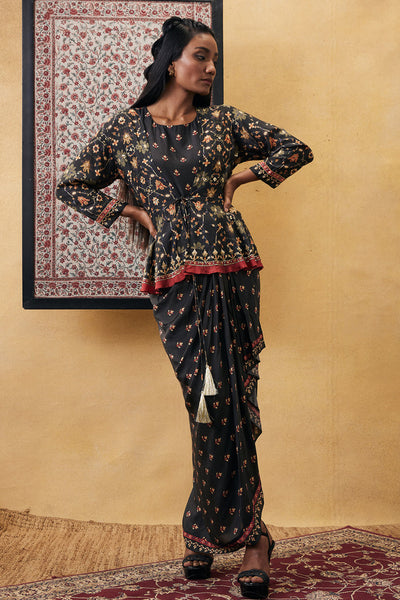sougat paul Zahra Printed Skirt Set With Peplum Top black online shopping melange singapore indian designer wear