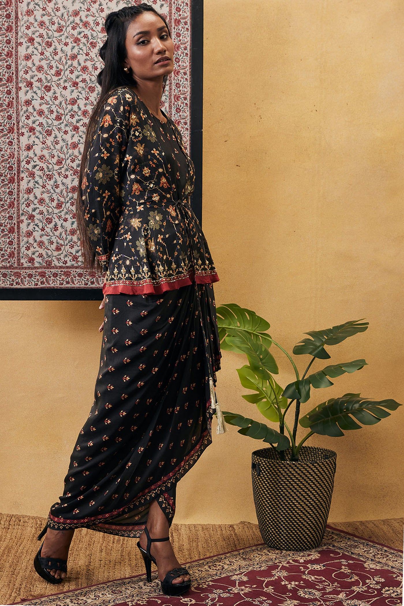 sougat paul Zahra Printed Skirt Set With Peplum Top black online shopping melange singapore indian designer wear