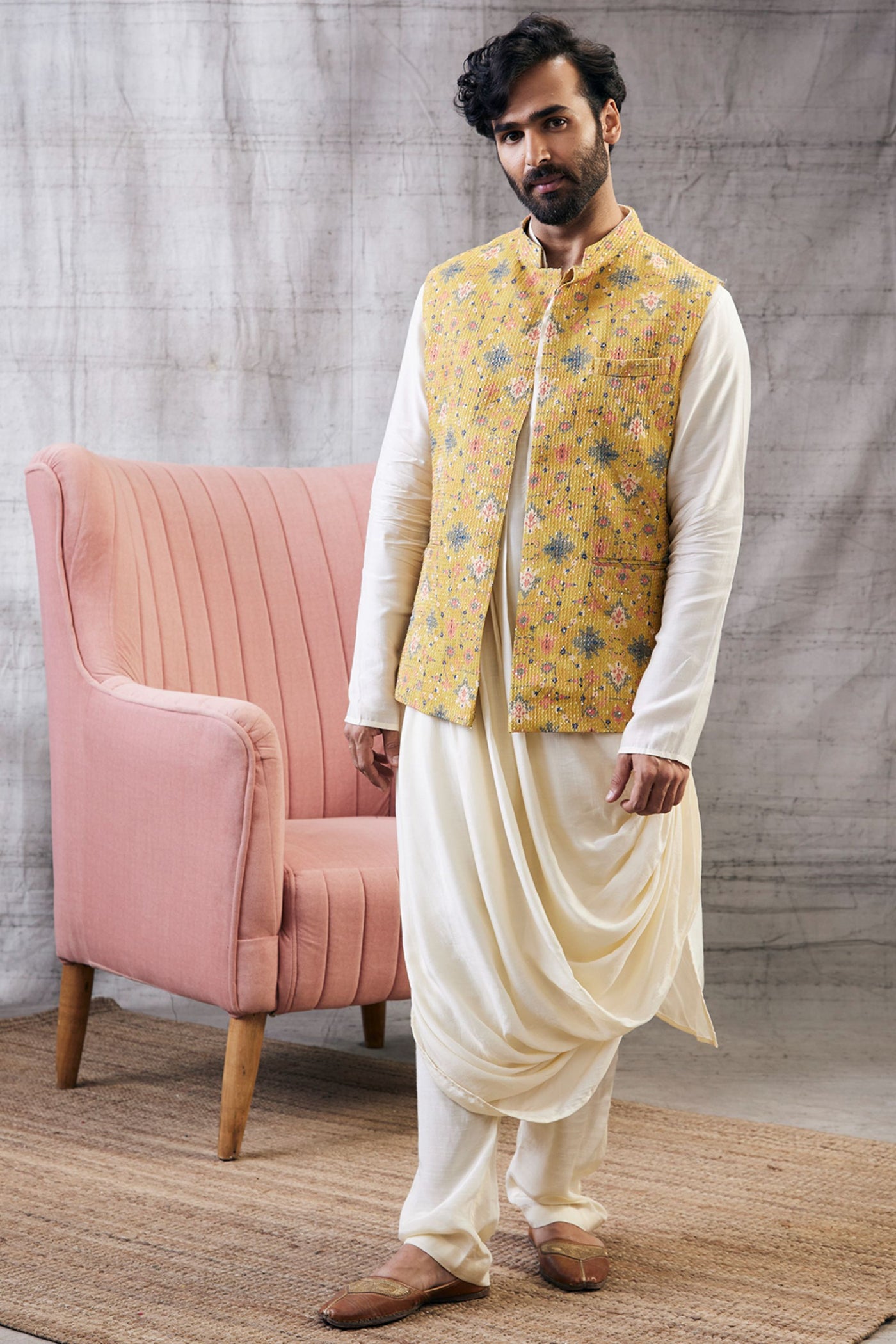 Sougat Paul Menswear Zahra Sequin Bundi With Drape Kurta Set Indian designer wear online shopping melange singapore