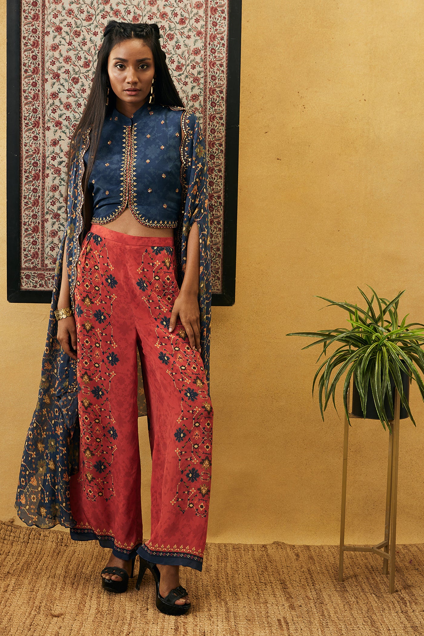 sougat paul Zahra Embroidered Co-ord set With Cape red blue online shopping melange singapore indian designer wear