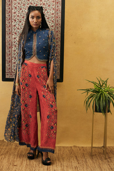 sougat paul Zahra Embroidered Co-ord set With Cape red blue online shopping melange singapore indian designer wear