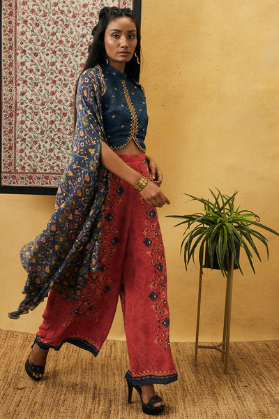 sougat paul Zahra Embroidered Co-ord set With Cape red blue online shopping melange singapore indian designer wear