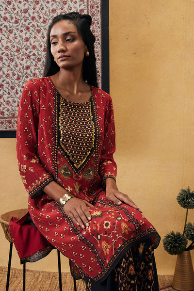 Sougat paul Zahra Embroidered Kurta Set red black online shopping melange singapore indian designer wear