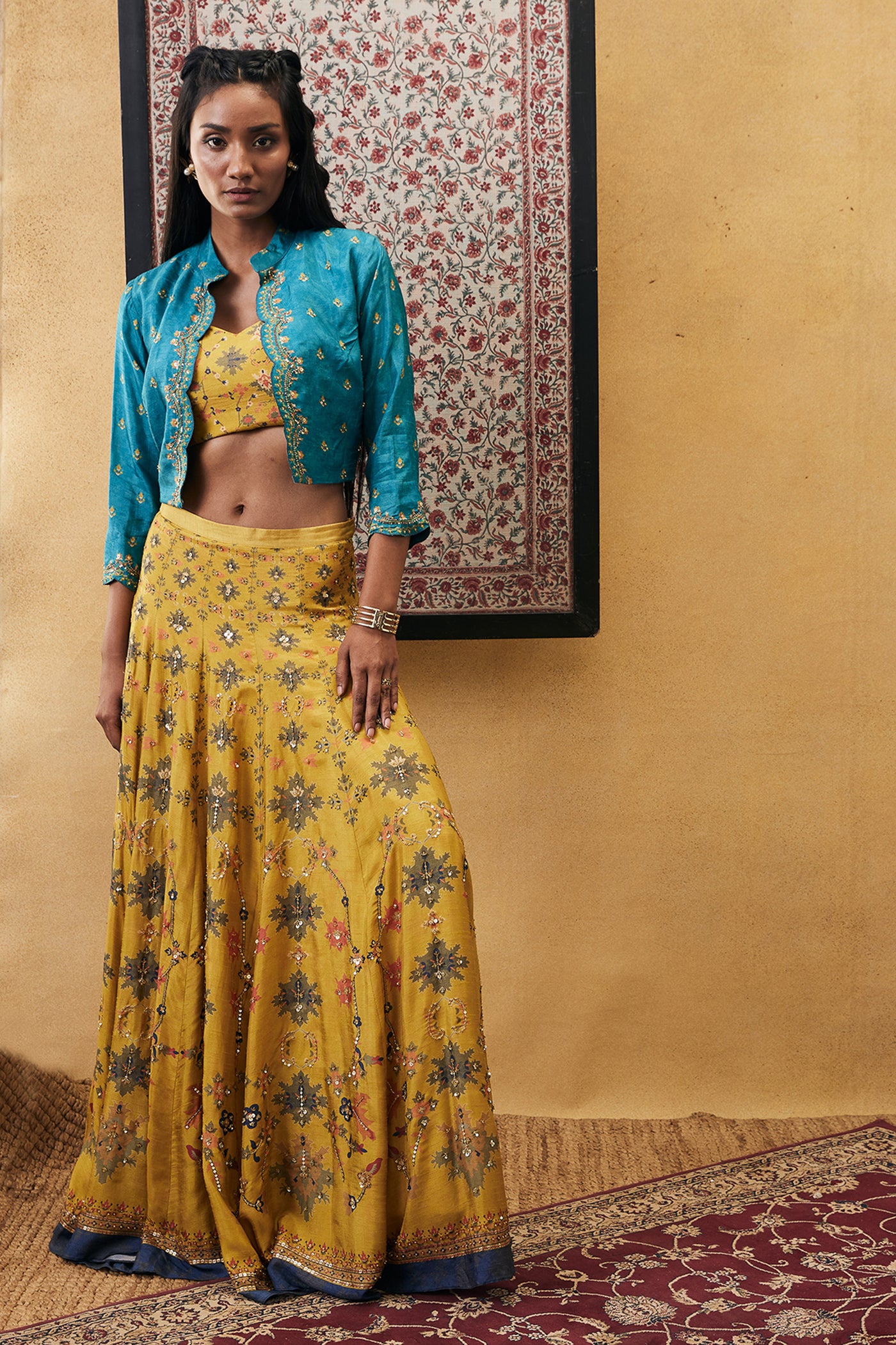 sougat paul Zahra Embroidered Lehenga Set With Jacket yellow blue online shopping melange Singapore indian designer wear