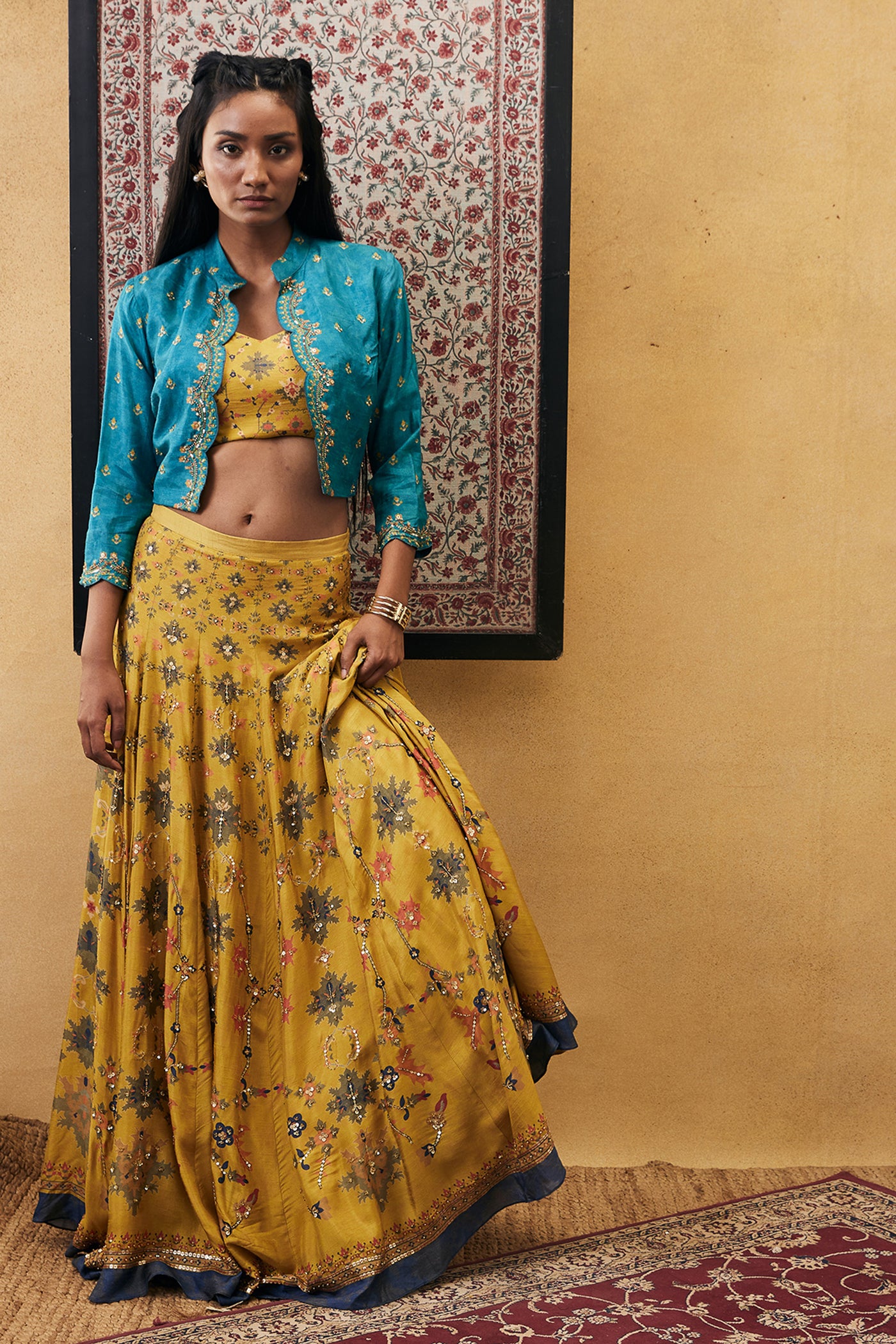 sougat paul Zahra Embroidered Lehenga Set With Jacket yellow blue online shopping melange Singapore indian designer wear