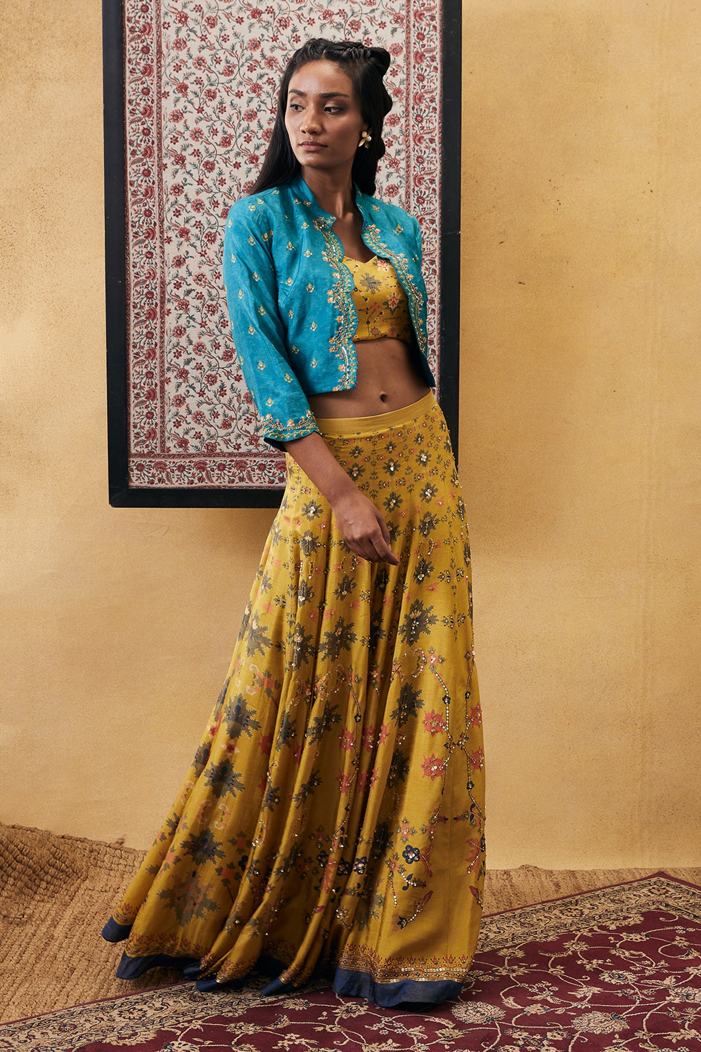 sougat paul Zahra Embroidered Lehenga Set With Jacket yellow blue online shopping melange Singapore indian designer wear