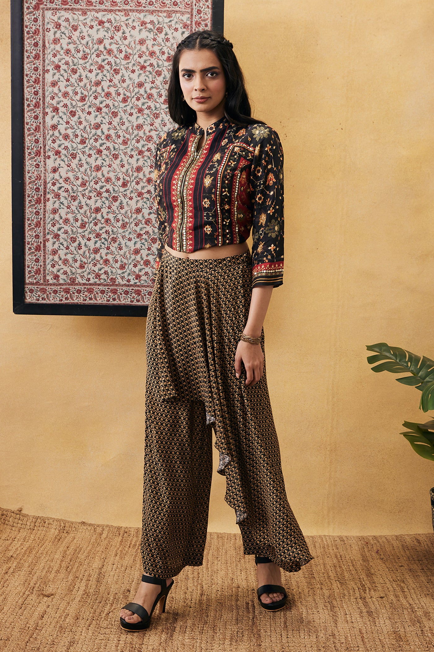sougat paul Zahra Embroidered Top With Drape Pants black online shopping melange singapore indian designer wear