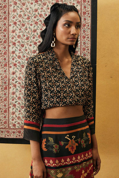 sougat paul Zahra Printed Crop Shirt With Skirt black online shopping melange singapore indian designer wear
