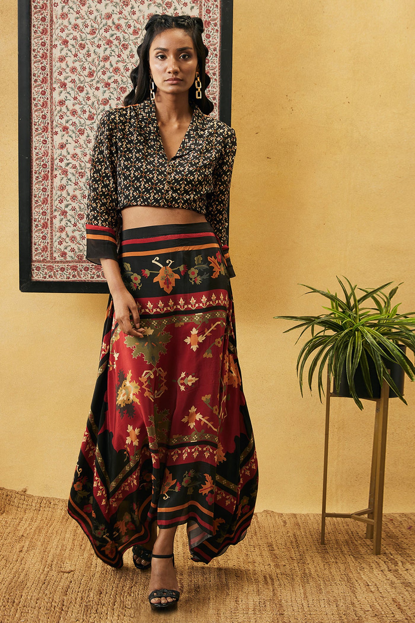 sougat paul Zahra Printed Crop Shirt With Skirt black online shopping melange singapore indian designer wear