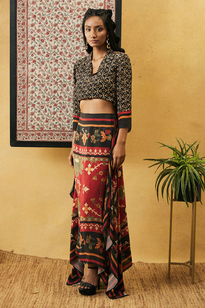 sougat paul Zahra Printed Crop Shirt With Skirt black online shopping melange singapore indian designer wear