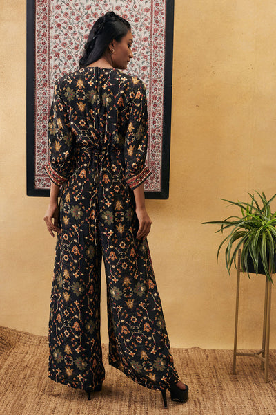 sougat paul Zahra Printed Overlap Jumpsuit With Belt black online shopping melange singapore indian designer wear
