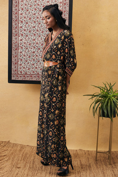 sougat paul Zahra Printed Overlap Jumpsuit With Belt black online shopping melange singapore indian designer wear