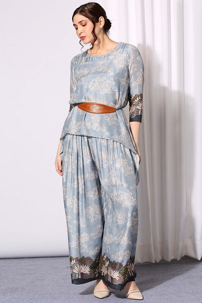 sougat paul Printed Asymmetrical Co-ord Set blue western indian designer wear online shopping melange singapore