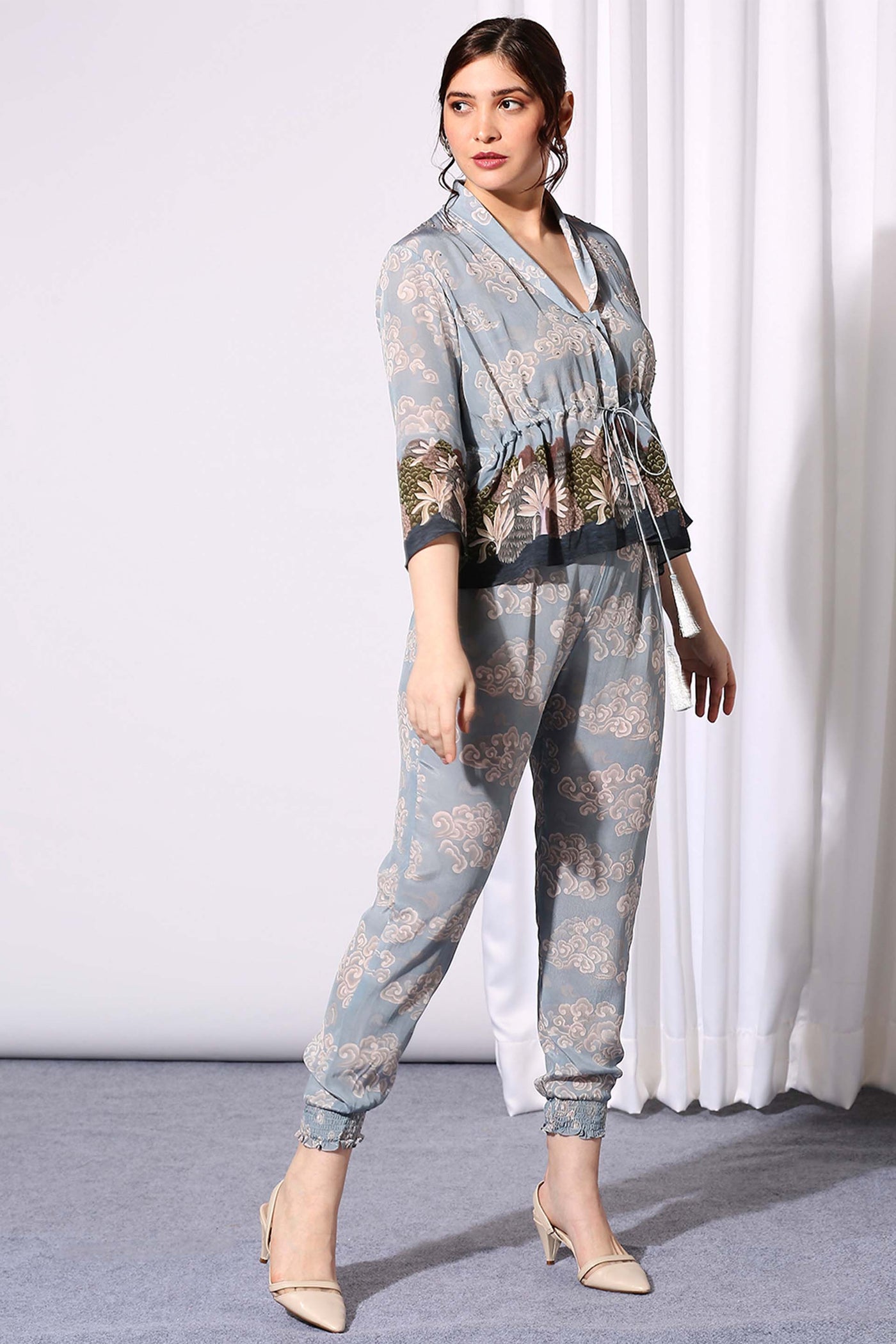 sougat paul Printed Co-ord Set With Overlap Opening blue western indian designer wear online shopping melange singapore