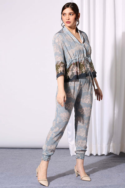 sougat paul Printed Co-ord Set With Overlap Opening blue western indian designer wear online shopping melange singapore