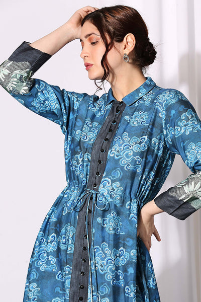 sougat paul Printed Dress With Front Opening blue western indian designer wear online shopping melange singapore