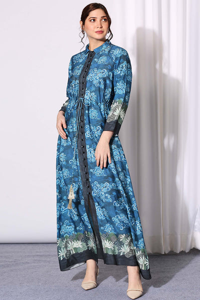 sougat paul Printed Dress With Front Opening  blue western indian designer wear online shopping melange singapore