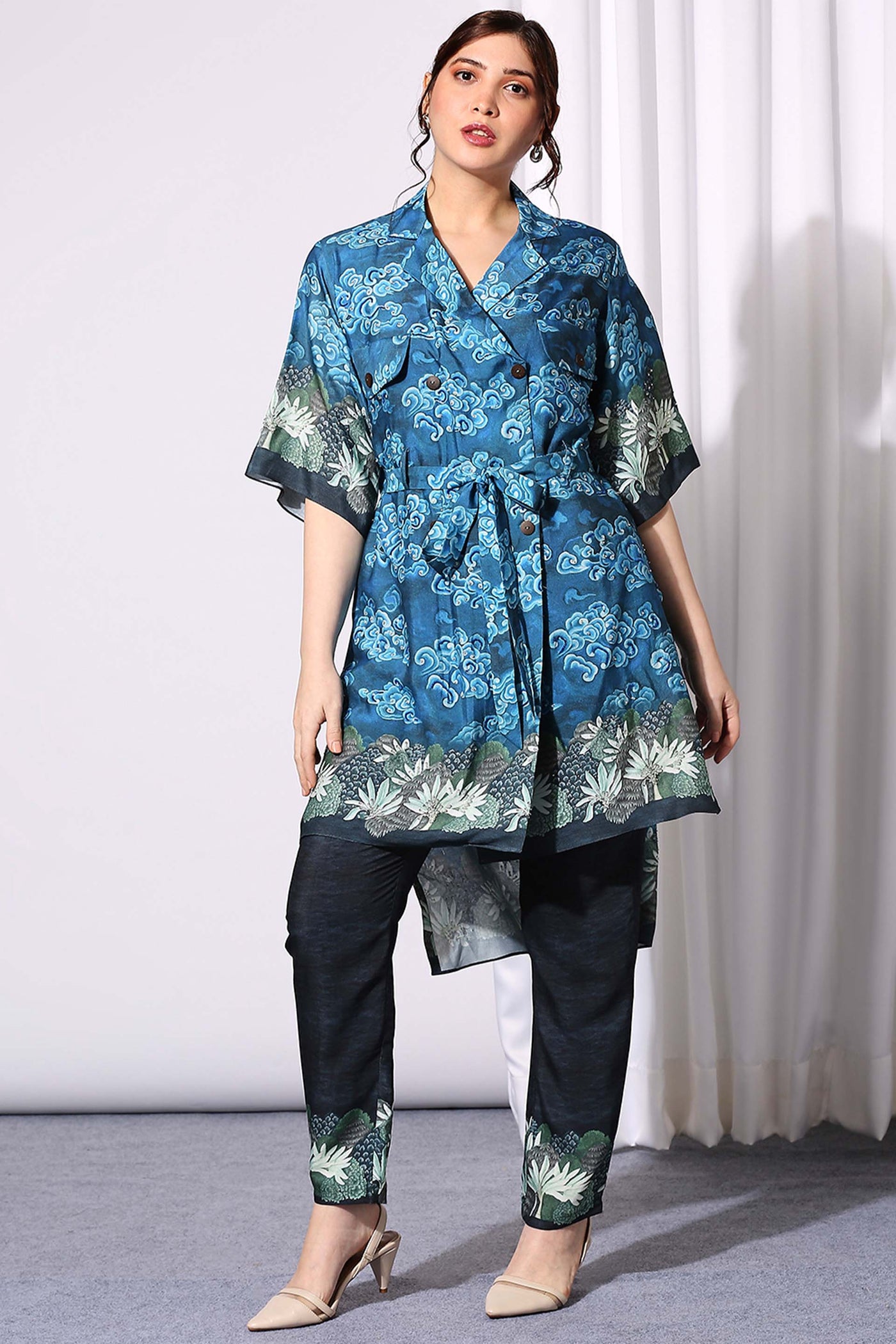 sougat paul Printed Overlap Dress With Printed Pants blue western indian designer wear online shopping melange singapore