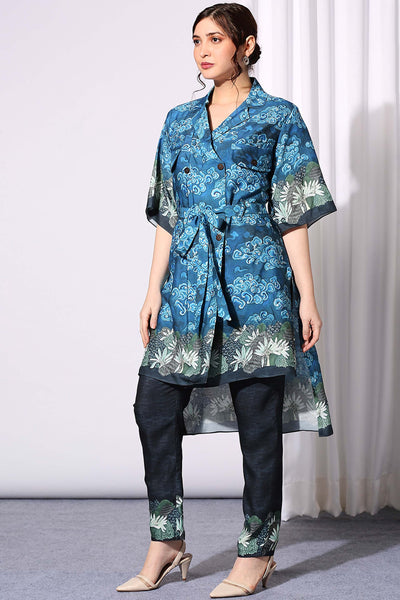 sougat paul Printed Overlap Dress With Printed Pants blue western indian designer wear online shopping melange singapore