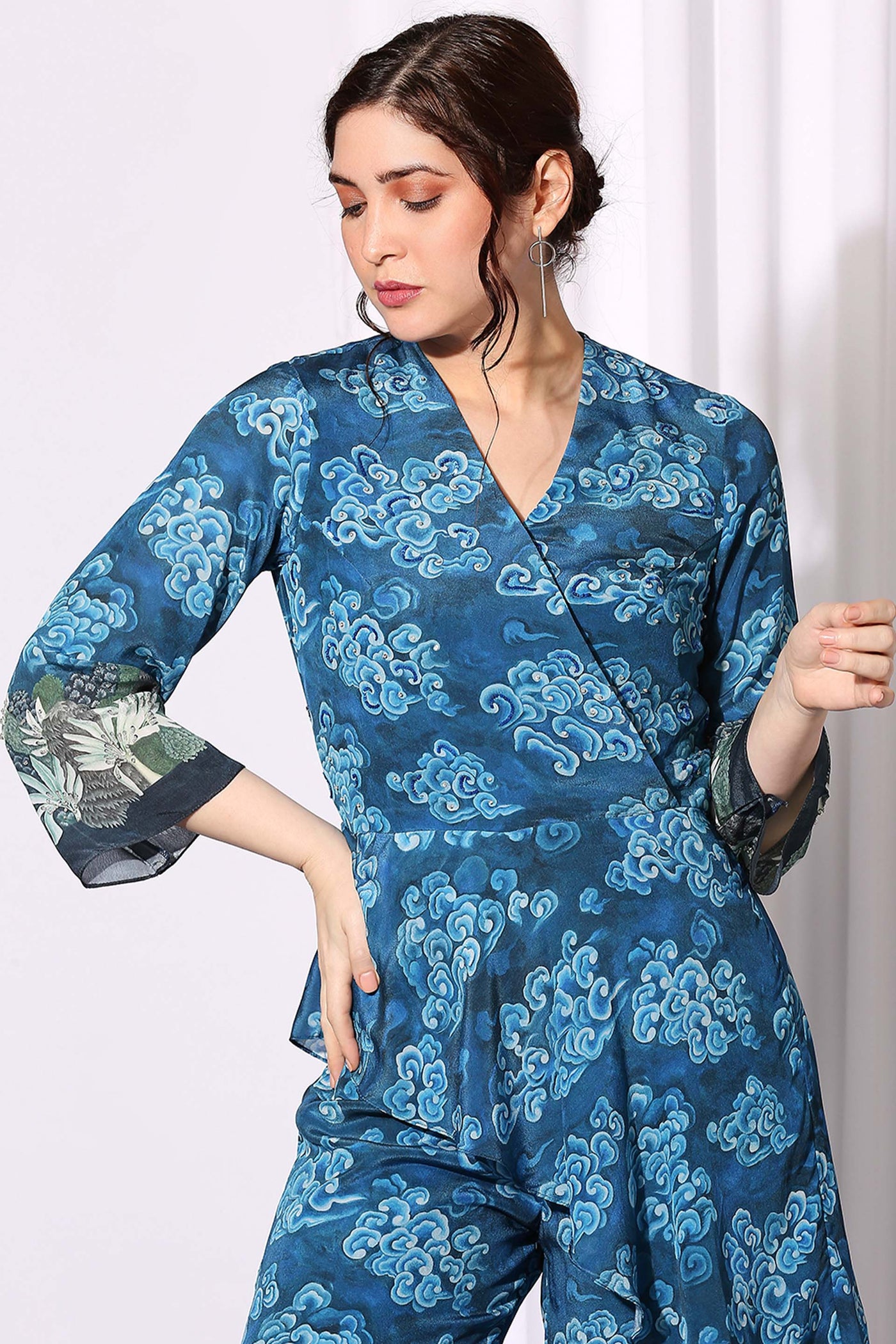 sougat paul Asymmetrical Printed Jumpsuit blue casual day wear online shopping melange singapore indian designer wear western