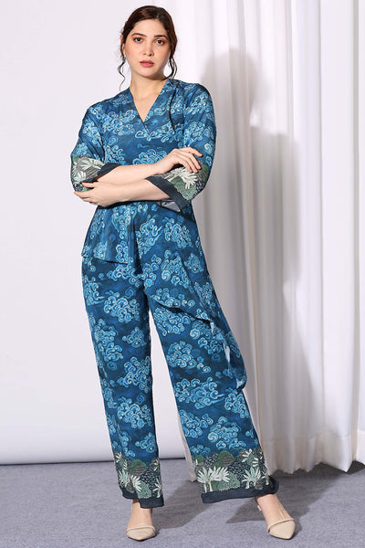 sougat paul Asymmetrical Printed Jumpsuit blue casual day wear online shopping melange singapore indian designer wear western