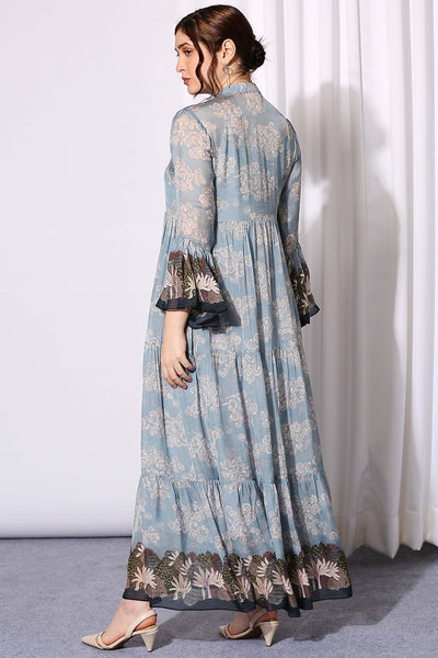 sougat paul Tiered Dress With Flared Bell Sleeves blue western indian designer wear online shopping melange singapore