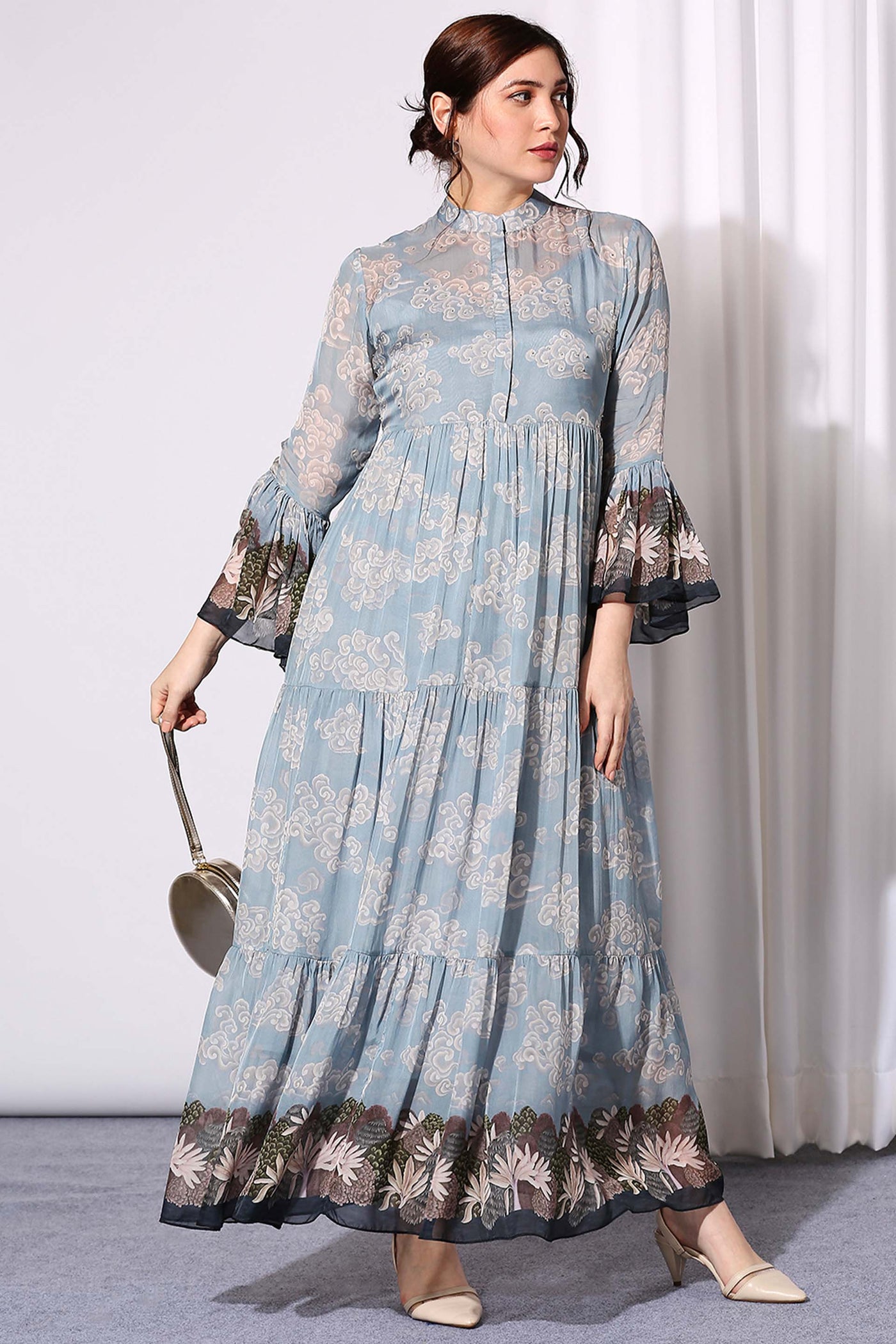 sougat paul Tiered Dress With Flared Bell Sleeves blue western indian designer wear online shopping melange singapore