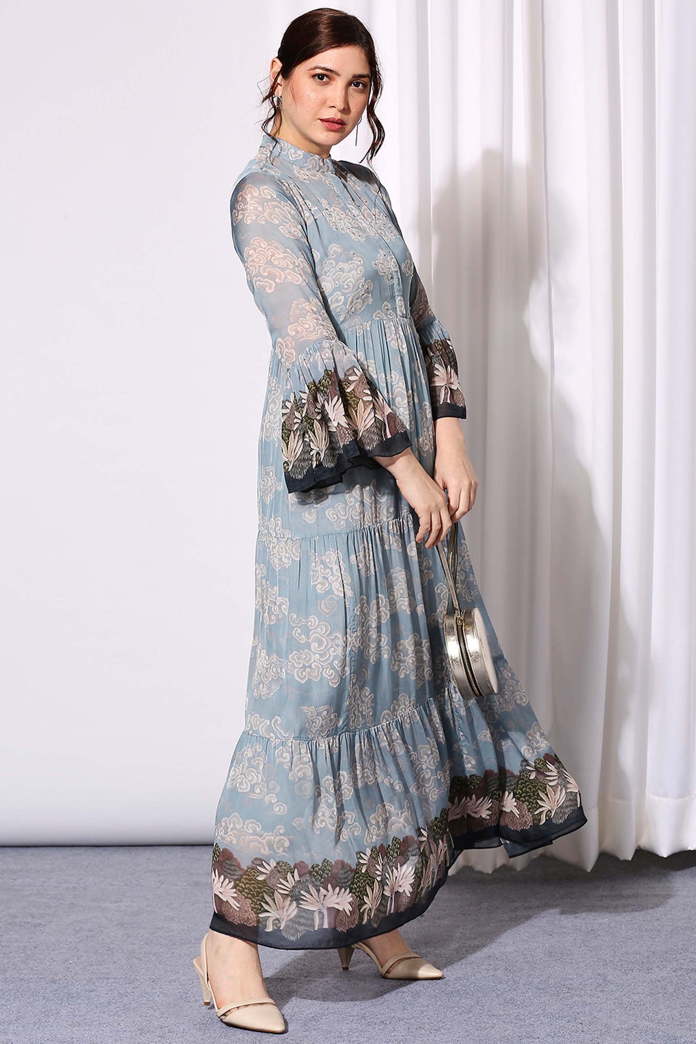 sougat paul Tiered Dress With Flared Bell Sleeves blue western indian designer wear online shopping melange singapore