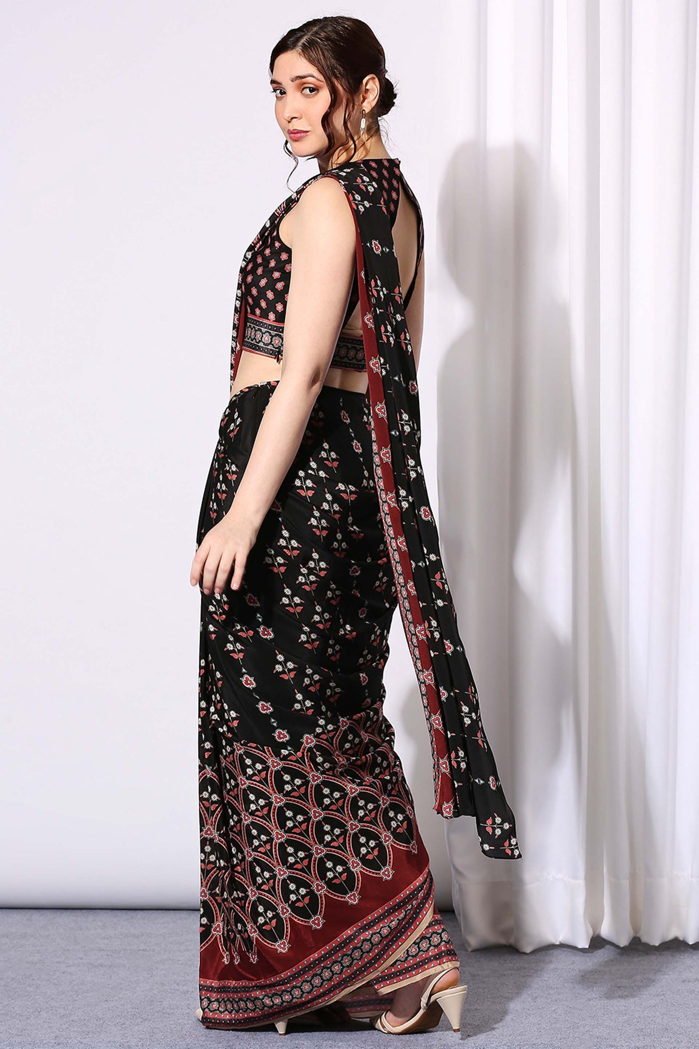 sougat paul Ethnic Folklore Printed Pre Stitched Saree black fusion indian designer wear online shopping melange singapore