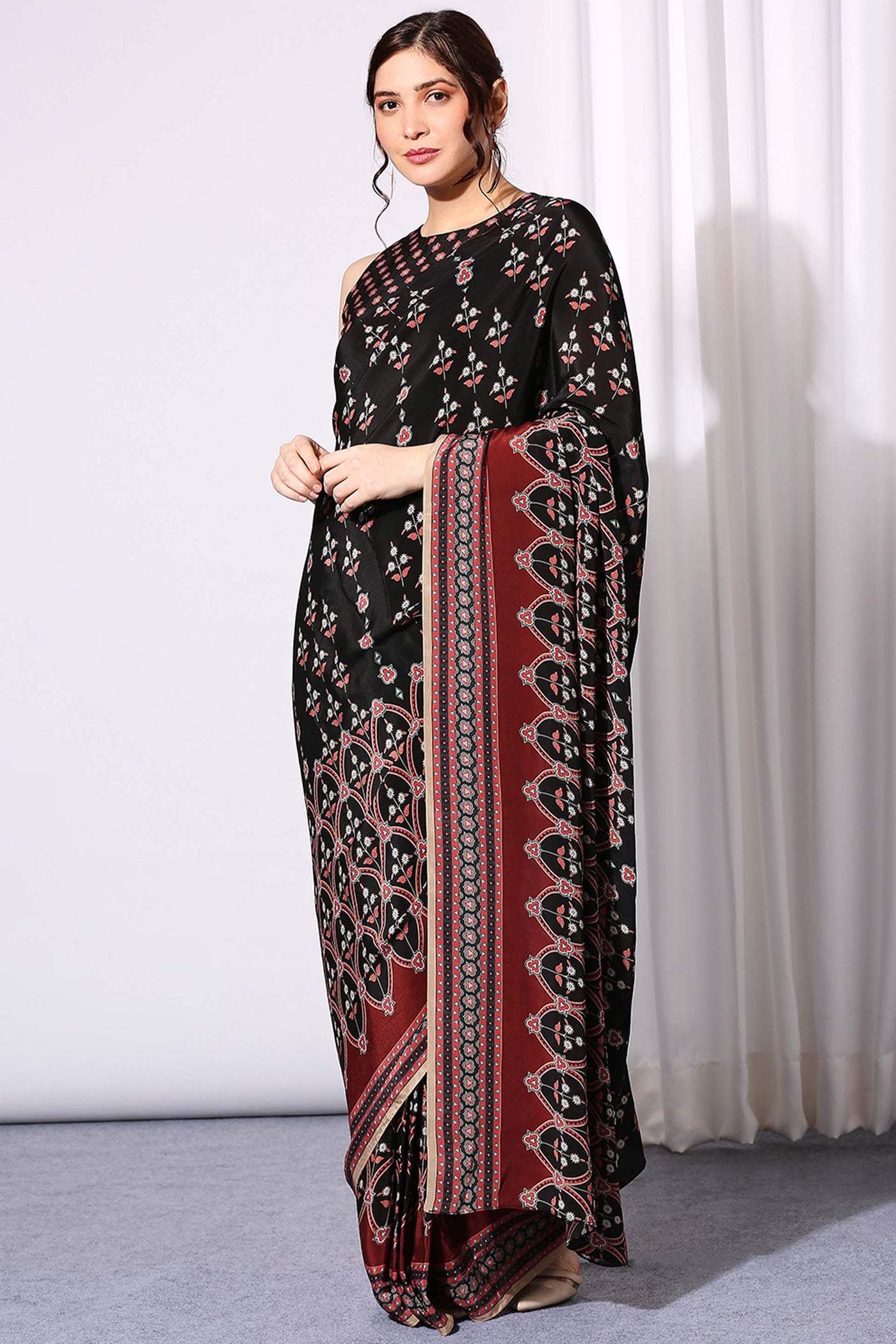 sougat paul Ethnic Folklore Printed Pre Stitched Saree black fusion indian designer wear online shopping melange singapore