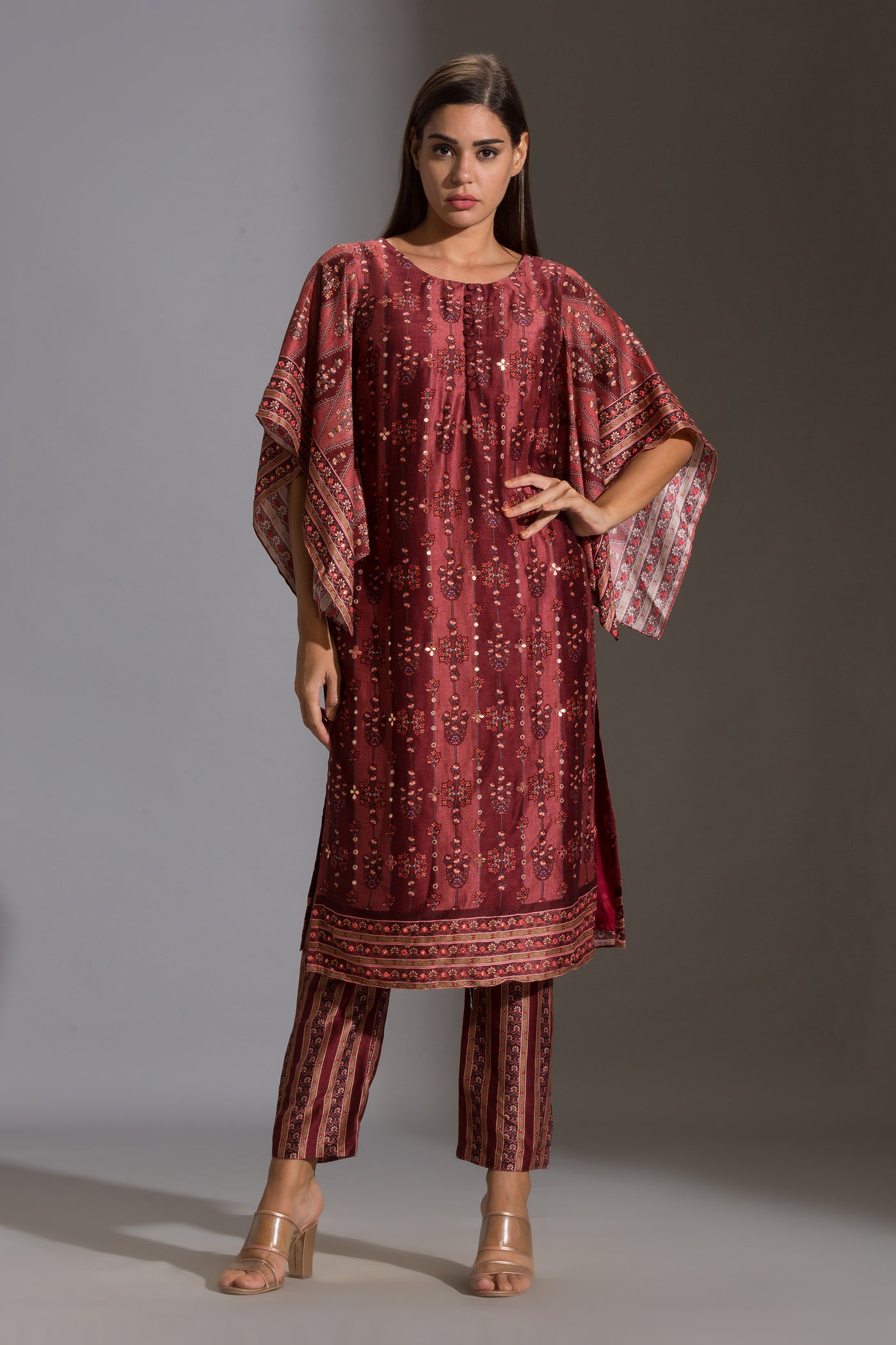 sougat paul Kurta with side slit and bell sleeves paired with printed pants maroon festive fusion indian designer wear online shopping melange singapore