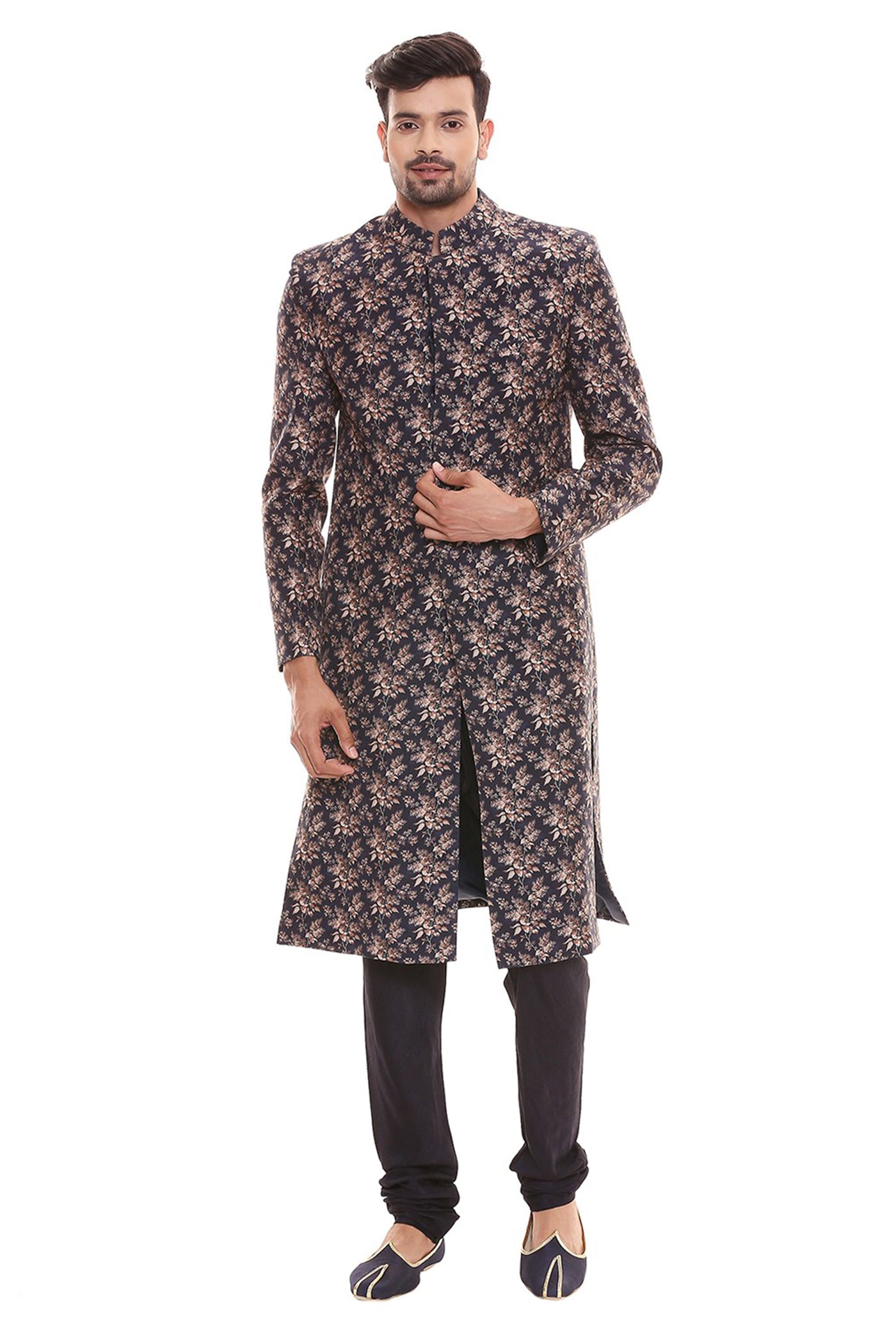 Sougat Paul menswear Printed Jacket With Front Opening Is Paired With Plain Churidar blue festive indian designer wear online shopping melange singapore