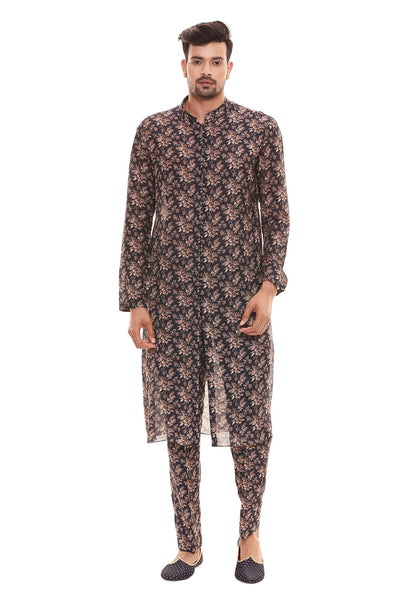 Sougat Paul menswear Printed Kurta With Front Opening Is Paired With Churidar Pants blue festive indian designer wear online shopping melange singapore