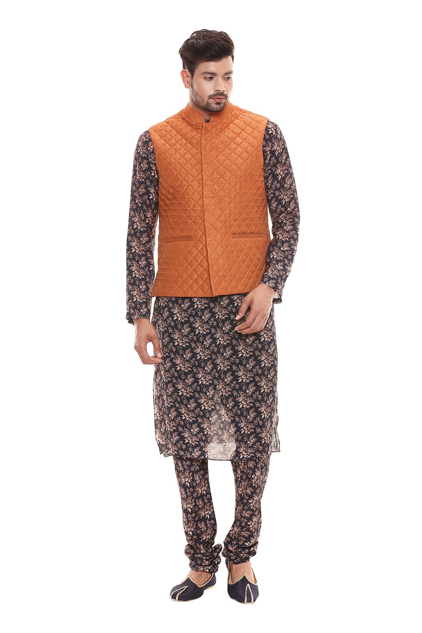 Sougat Paul menswear Printed Kurta And Churidar Paired With Quilted Sleeveless Jacket blue rust festive indian designer wear online shopping melange singapore