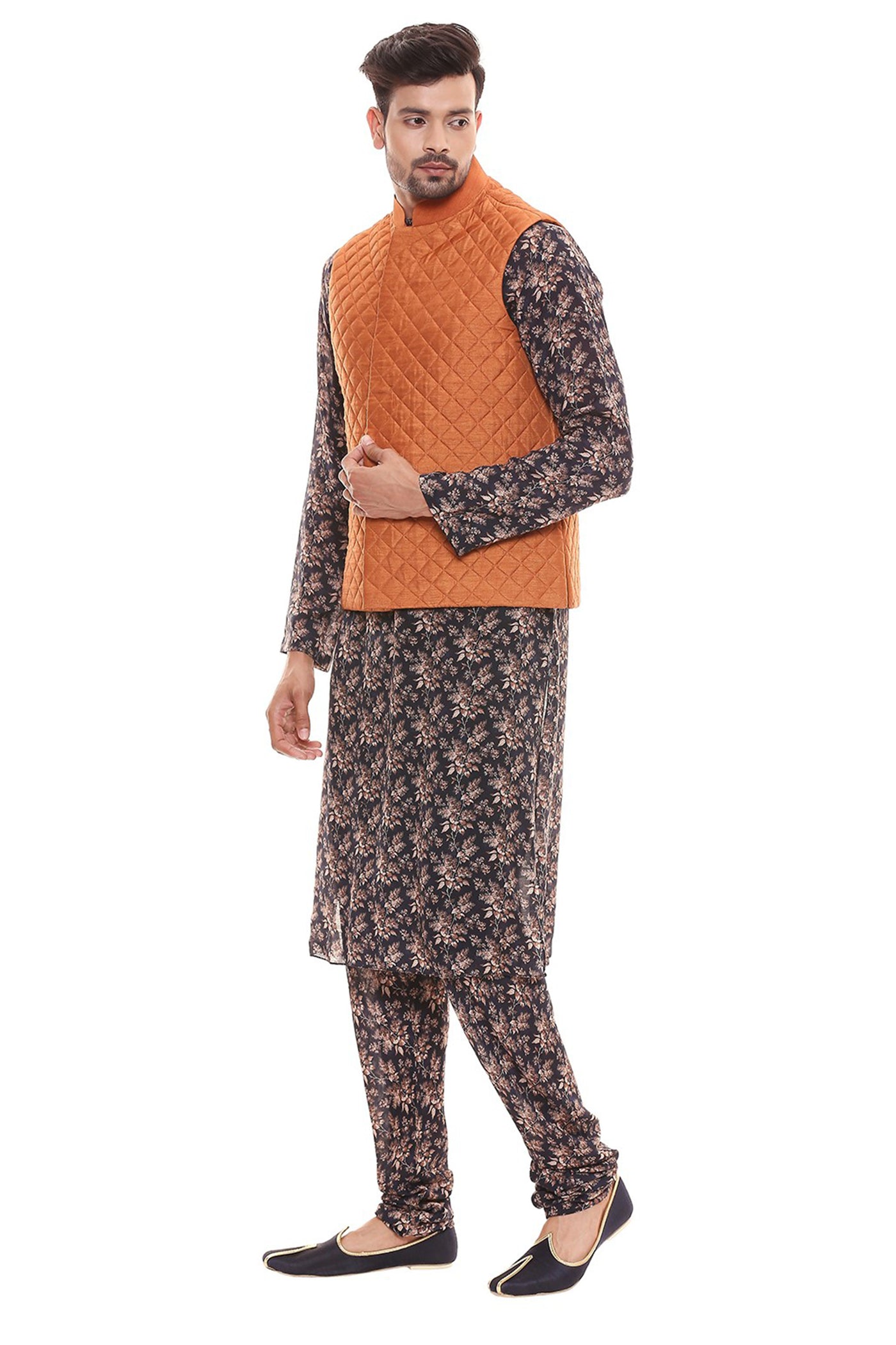 Sougat Paul menswear Printed Kurta And Churidar Paired With Quilted Sleeveless Jacket blue rust festive indian designer wear online shopping melange singapore