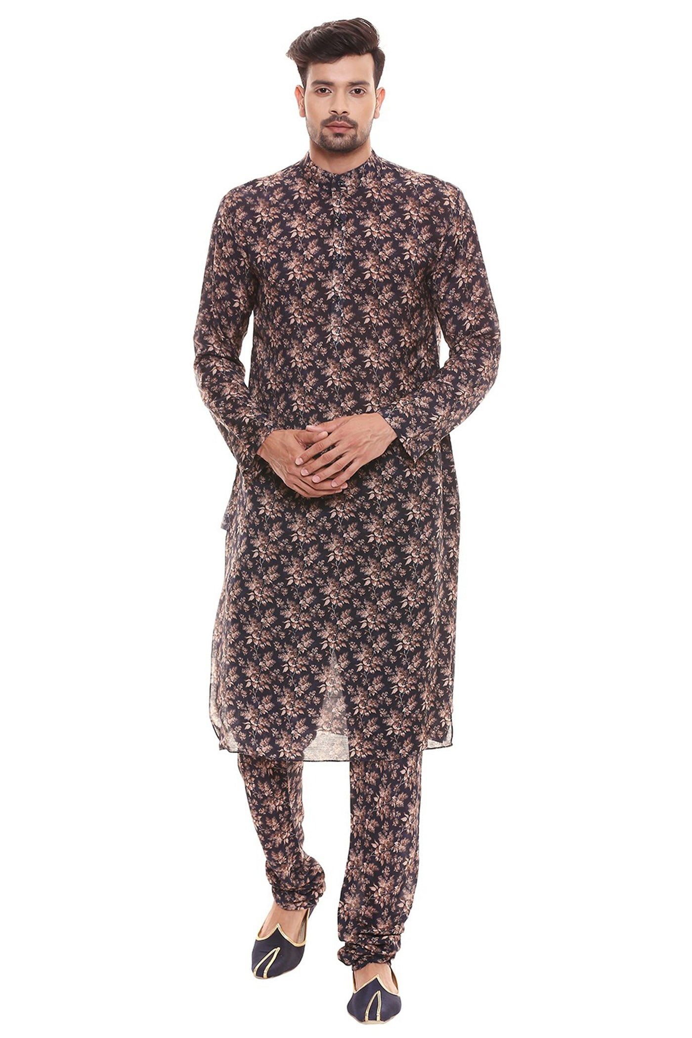 Sougat Paul menswear Printed Kurta And Churidar Paired With Quilted Sleeveless Jacket blue rust festive indian designer wear online shopping melange singapore