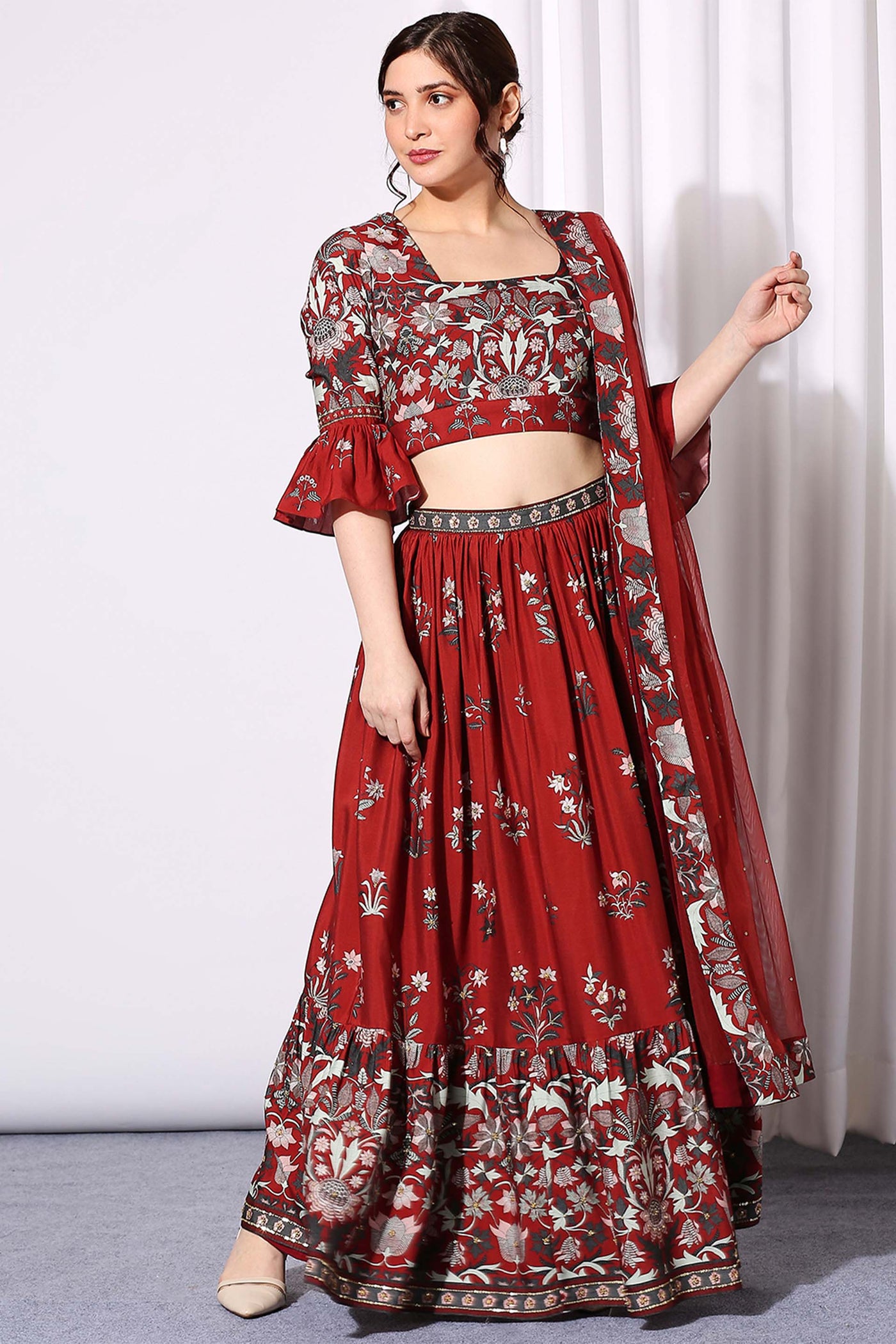 sougat paul Midnight Floral Printed Skirt Set red fusion indian designer wear online shopping melange singapore