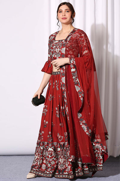 sougat paul Midnight Floral Printed Skirt Set red fusion indian designer wear online shopping melange singapore