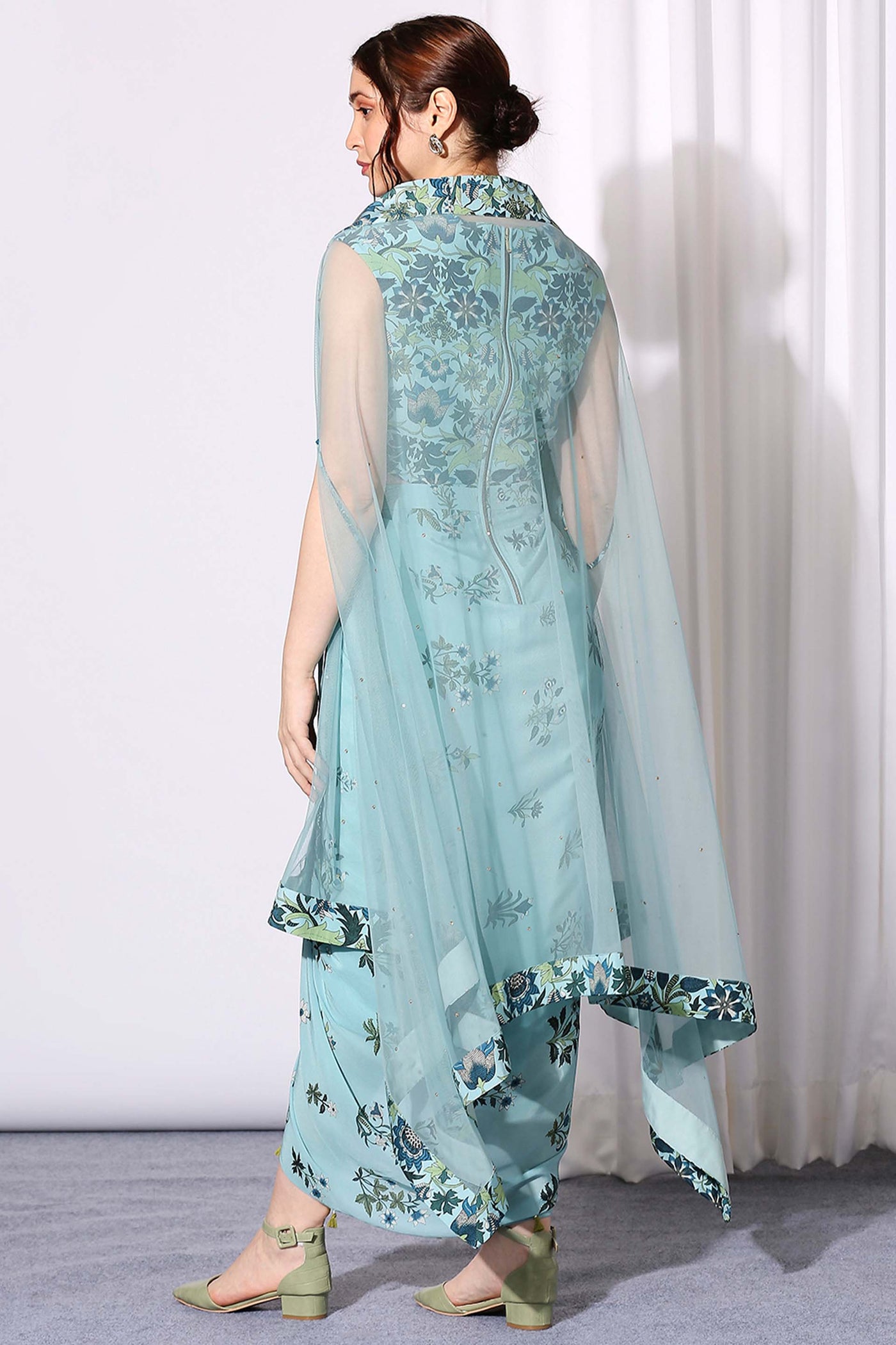 sougat paul Pastel Bloom Drape Dress With Cape blue fusion indian designer wear online shopping melange singapore