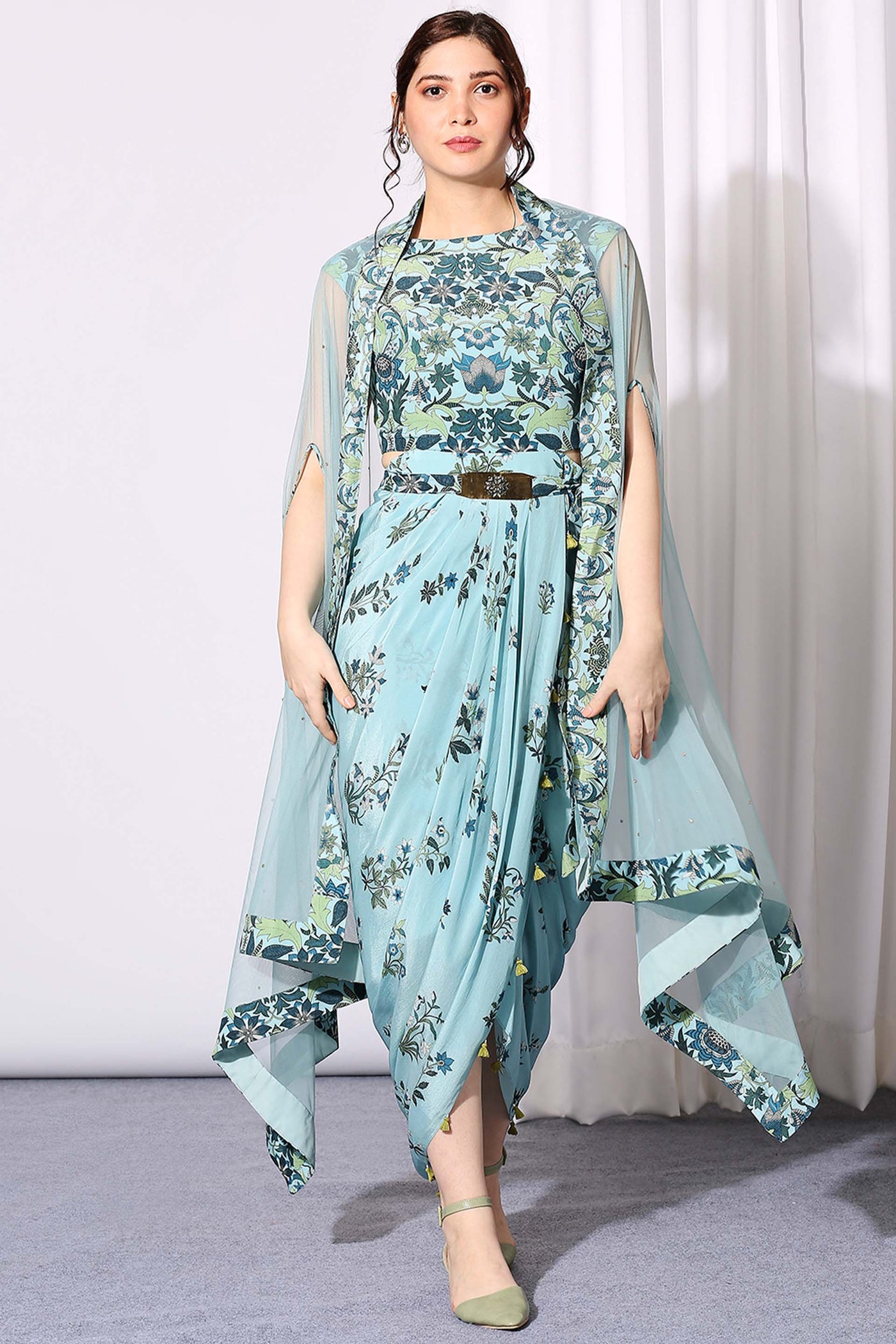sougat paul Pastel Bloom Drape Dress With Cape blue fusion indian designer wear online shopping melange singapore