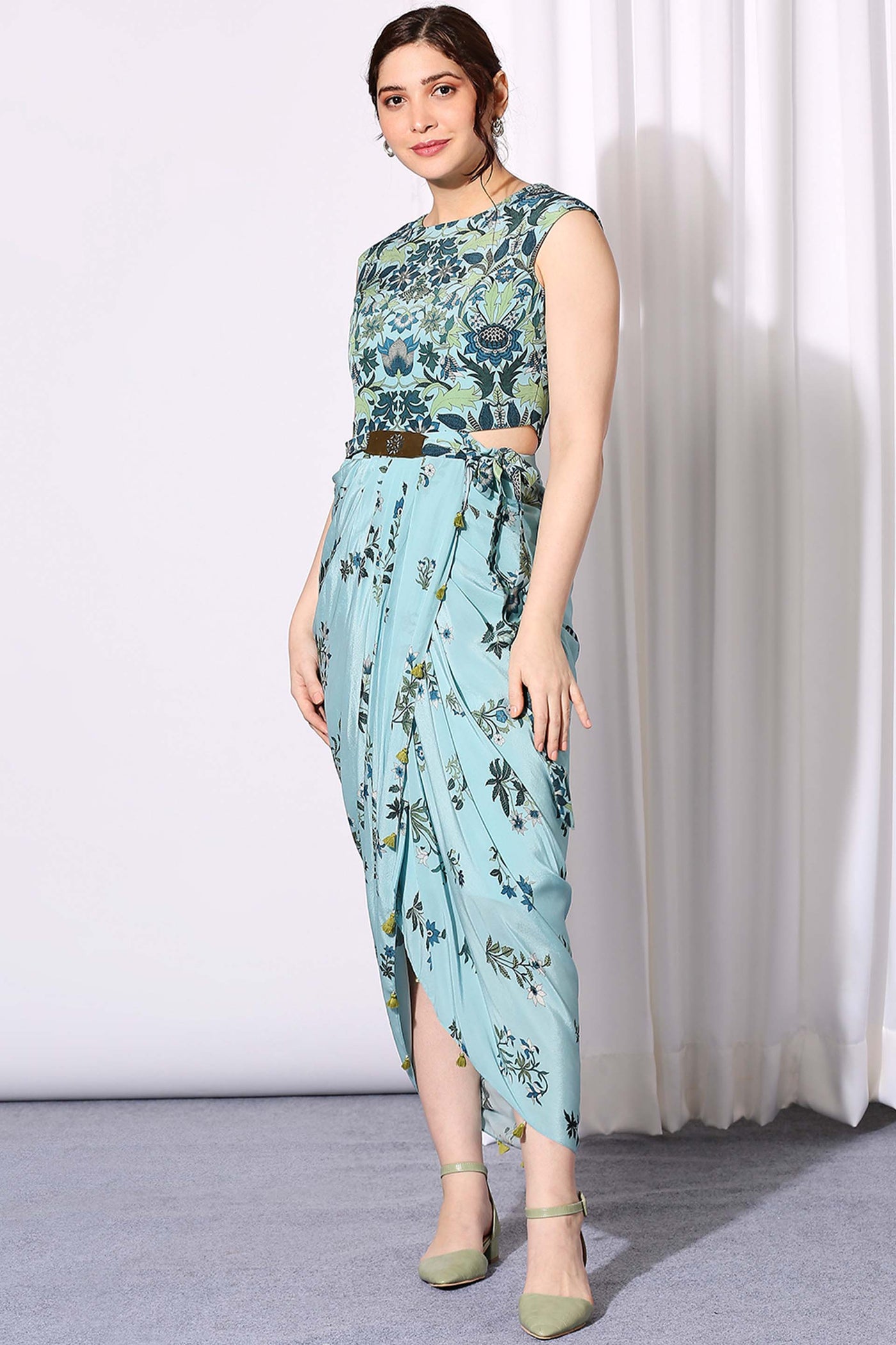 sougat paul Pastel Bloom Drape Dress With Cape blue fusion indian designer wear online shopping melange singapore