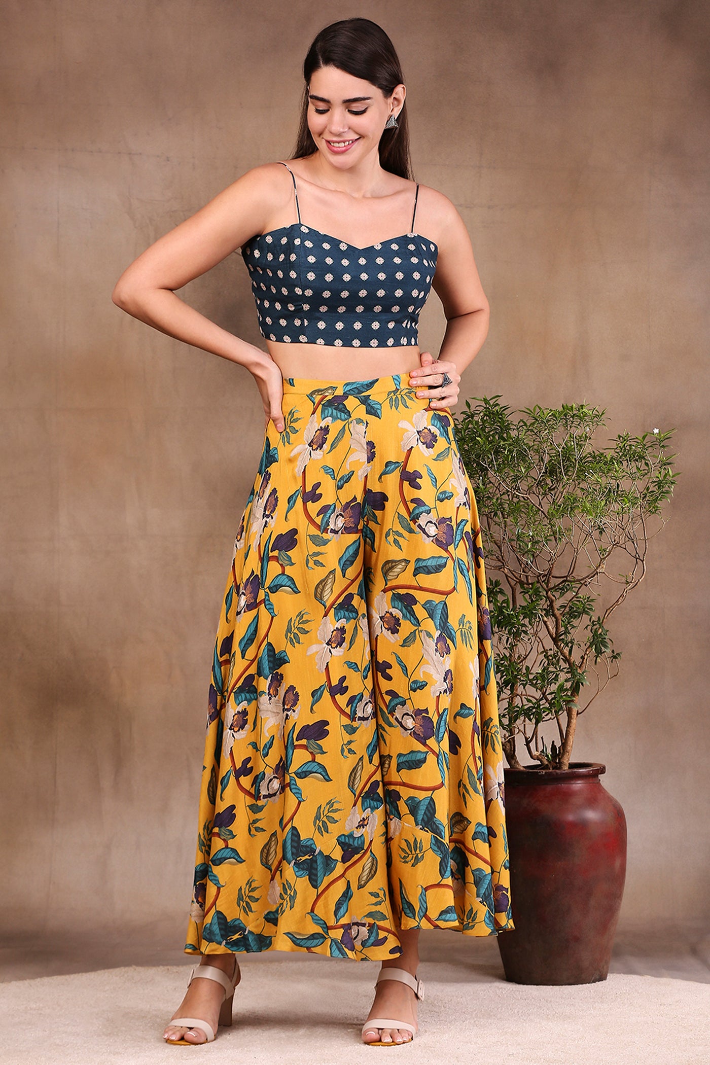 Sougat Paul Printed Crop Top And Pants With Embroidered Jacket green yellow fusion indian designer wear online shopping melange singapore