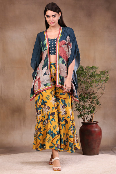 Sougat Paul Printed Crop Top And Pants With Embroidered Jacket green yellow fusion indian designer wear online shopping melange singapore