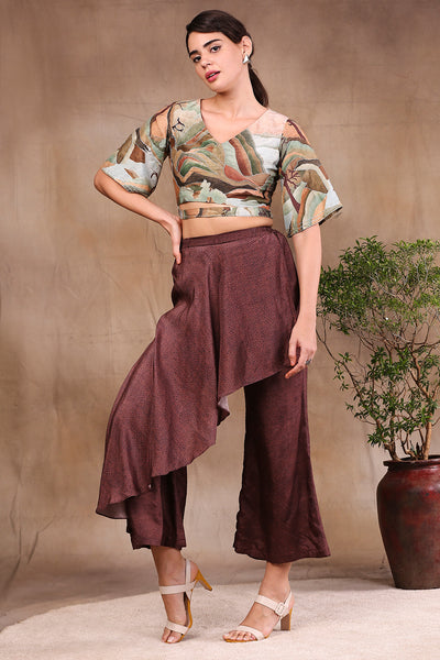 Sougat Paul Printed crop top with drape pants brown fusion indian designer wear online shopping melange singapore