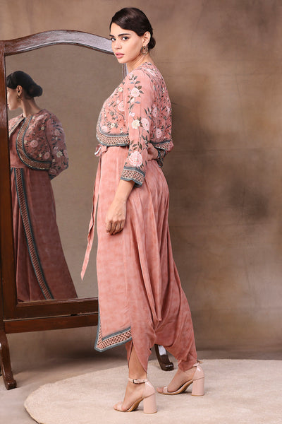 Sougat paul Printed Dhoti Jumpsuit Paired With Jacket peach fusion indian designer wear online shopping melange singapore