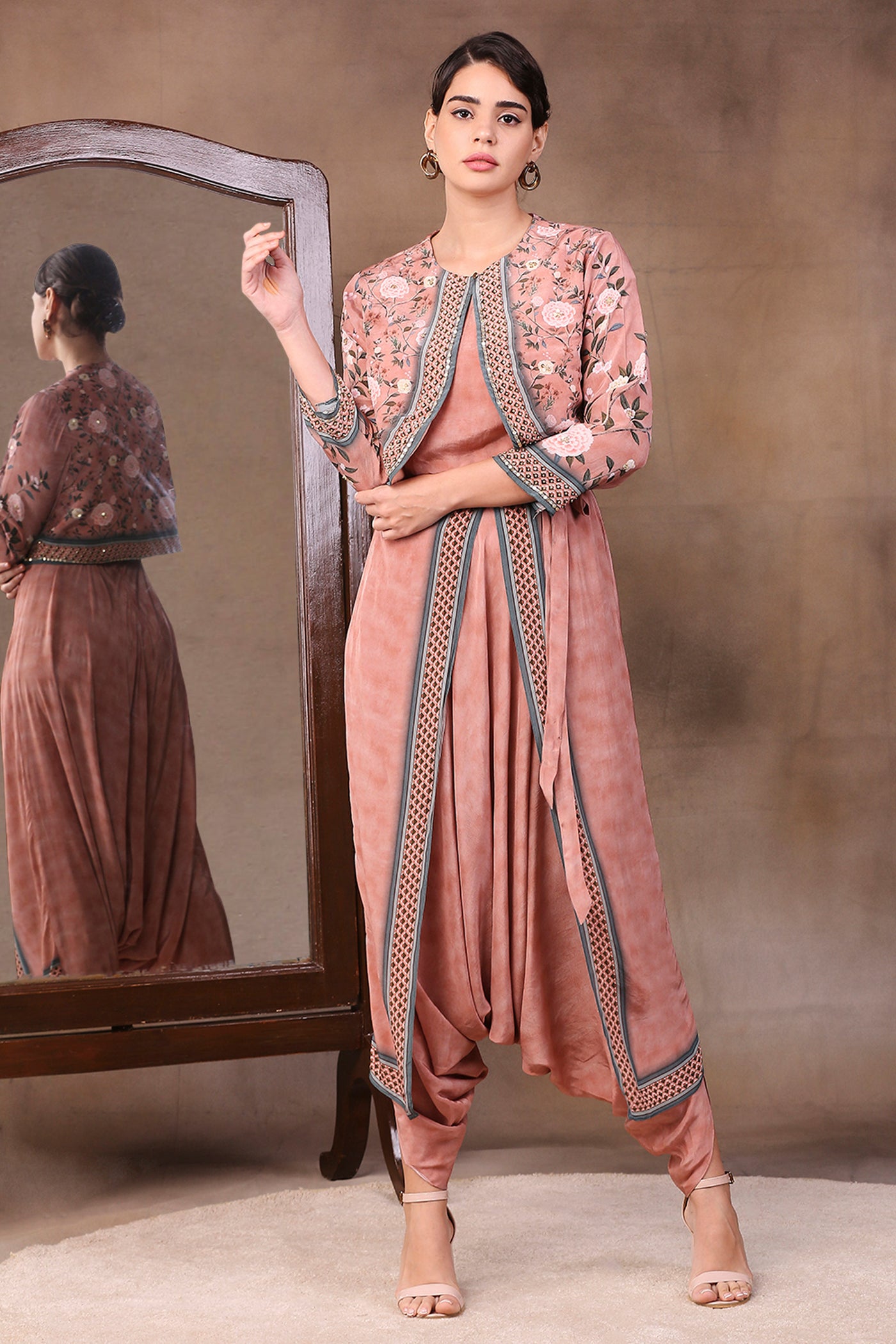 Sougat paul Printed Dhoti Jumpsuit Paired With Jacket peach fusion indian designer wear online shopping melange singapore