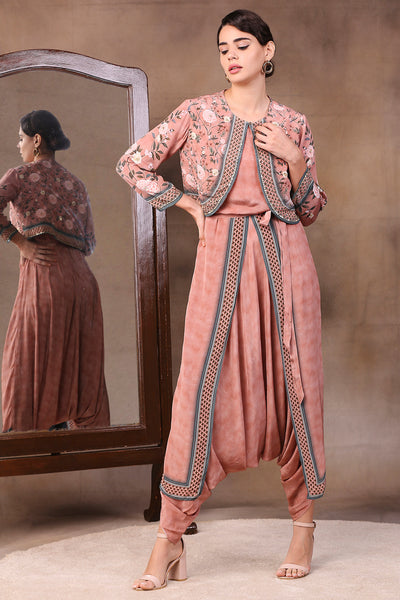 Sougat paul Printed Dhoti Jumpsuit Paired With Jacket peach fusion indian designer wear online shopping melange singapore