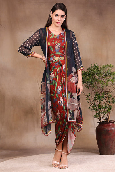 Sougat Paul Printed Drape Dress With Embroidery And Straight Jacket red fusion indian designer wear online shopping melange singapore