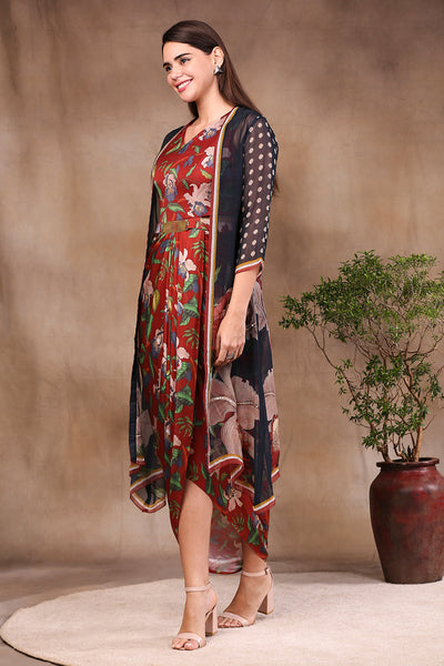 Sougat Paul Printed Drape Dress With Embroidery And Straight Jacket red fusion indian designer wear online shopping melange singapore