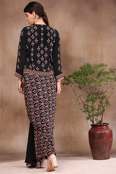 Sougat paul Black Printed Drape Skirt With Zipper Jacket Set festive fusion indian designer wear online shopping melange singapore
